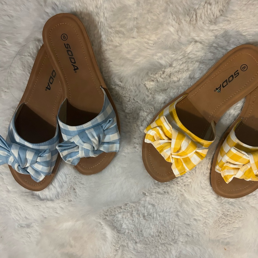 Soda 2 for 1 Gingham flat  bow sandals slides yellow blue white size 8 soda